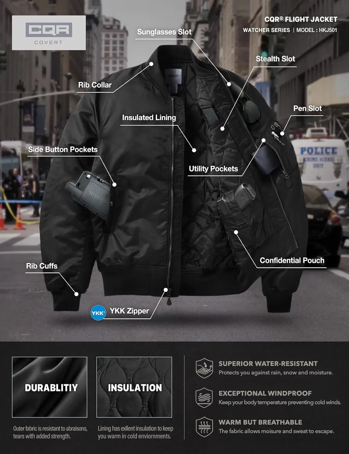 CQR Men's Casual Bomber Jacket, Outdoor Fall/Winter Zip-Up Windbreaker, Water Resistant Padded MA-1 Flight Jacket with Pocket
