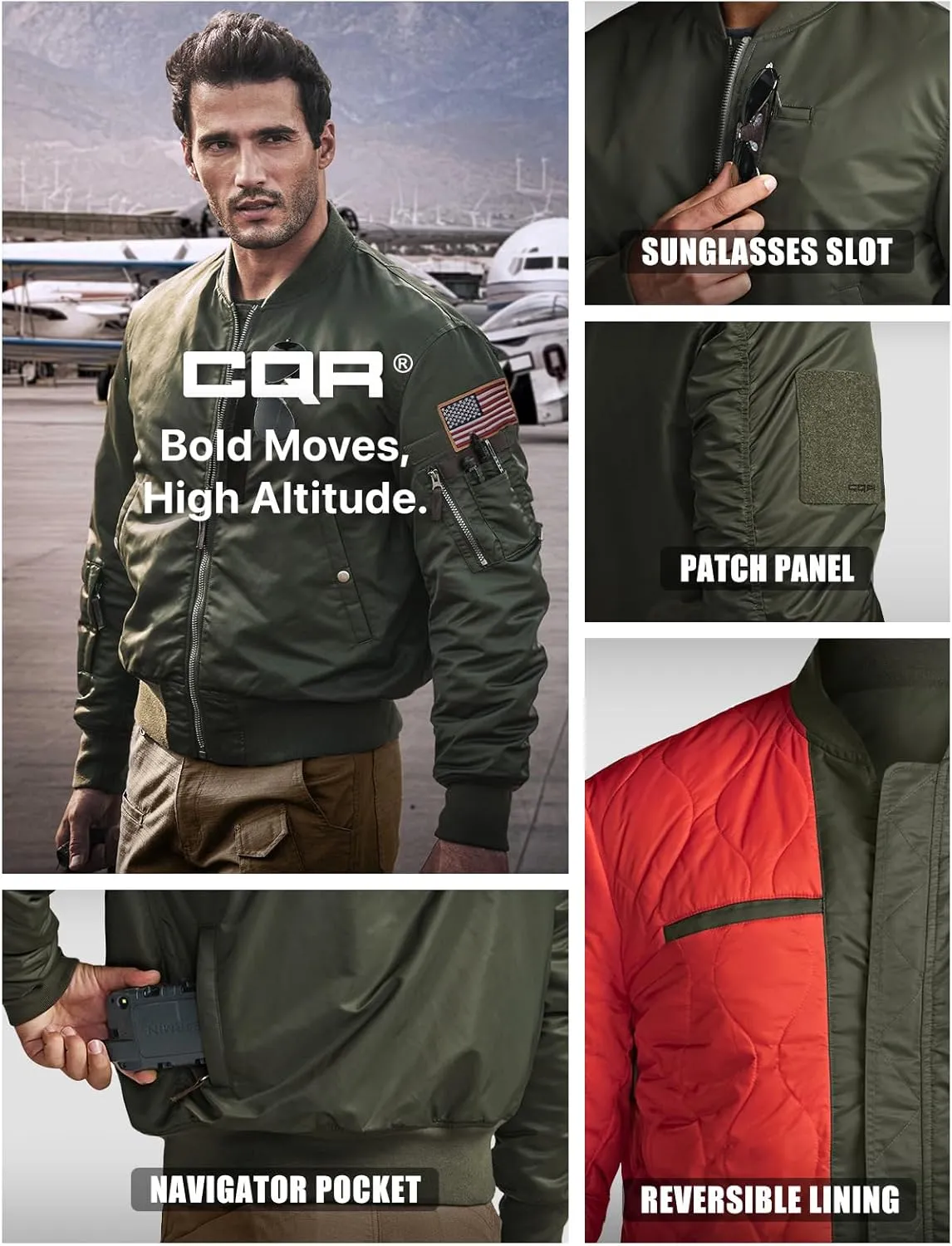 CQR Men's Casual Bomber Jacket, Outdoor Fall/Winter Zip-Up Windbreaker, Water Resistant Padded MA-1 Flight Jacket with Pocket