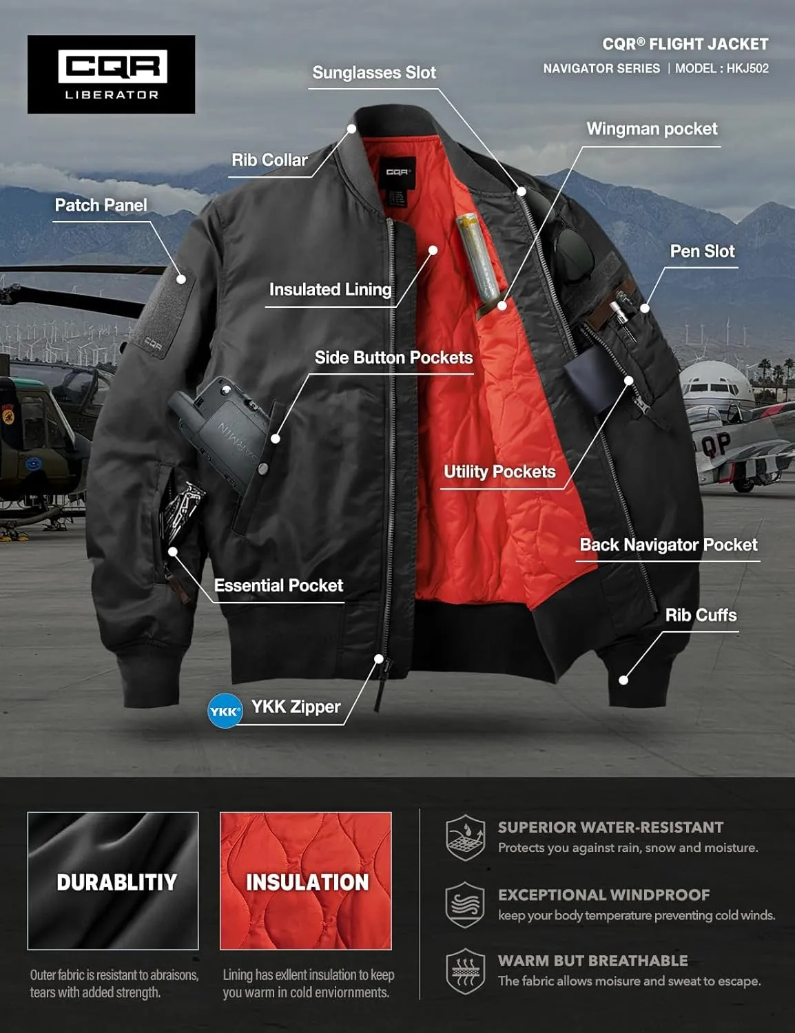 CQR Men's Casual Bomber Jacket, Outdoor Fall/Winter Zip-Up Windbreaker, Water Resistant Padded MA-1 Flight Jacket with Pocket