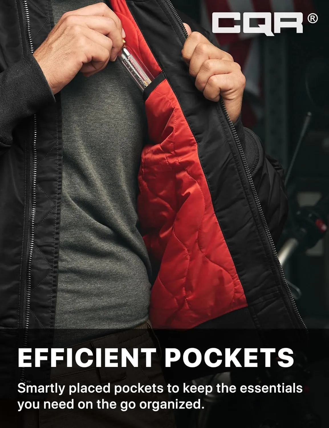 CQR Men's Casual Bomber Jacket, Outdoor Fall/Winter Zip-Up Windbreaker, Water Resistant Padded MA-1 Flight Jacket with Pocket