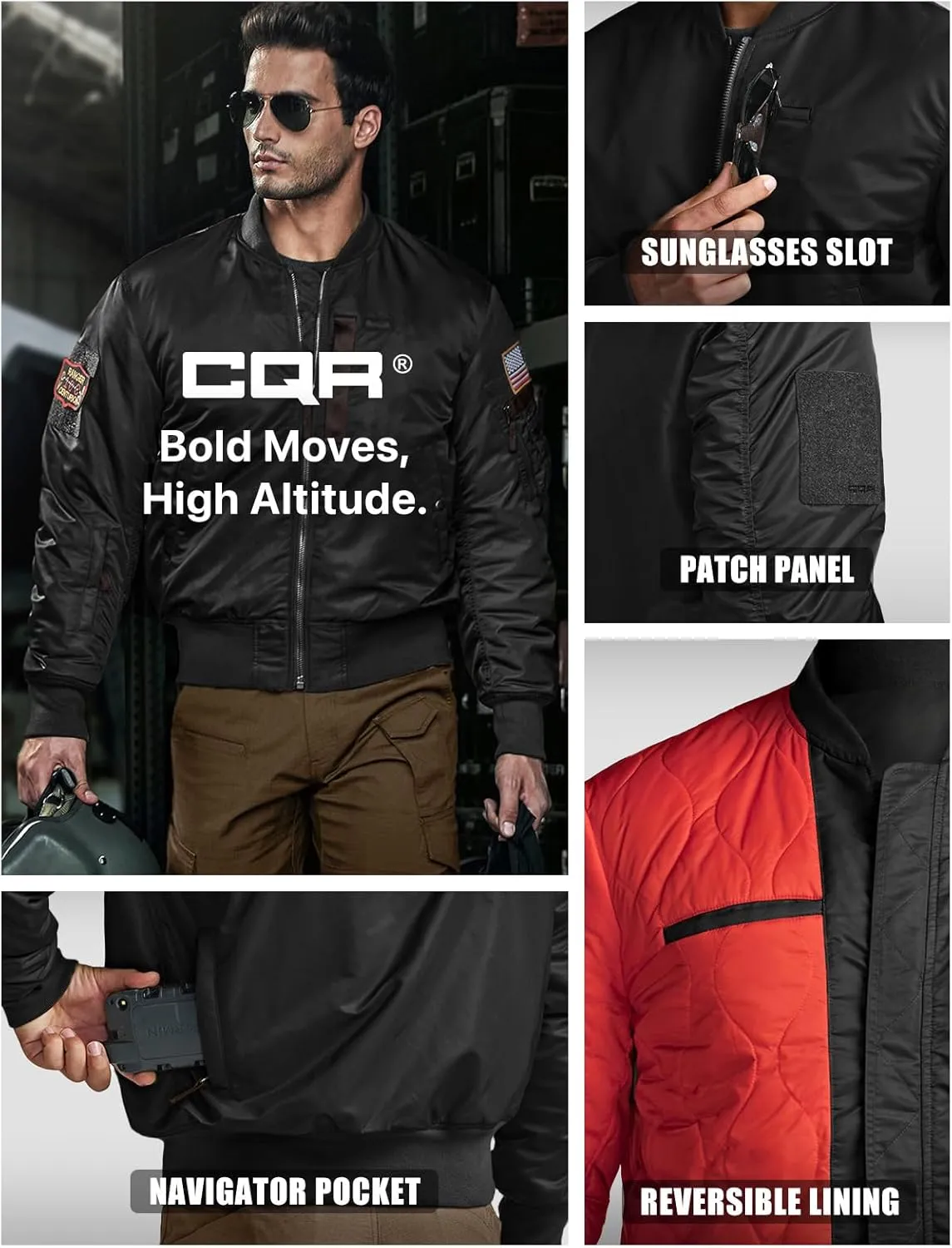 CQR Men's Casual Bomber Jacket, Outdoor Fall/Winter Zip-Up Windbreaker, Water Resistant Padded MA-1 Flight Jacket with Pocket