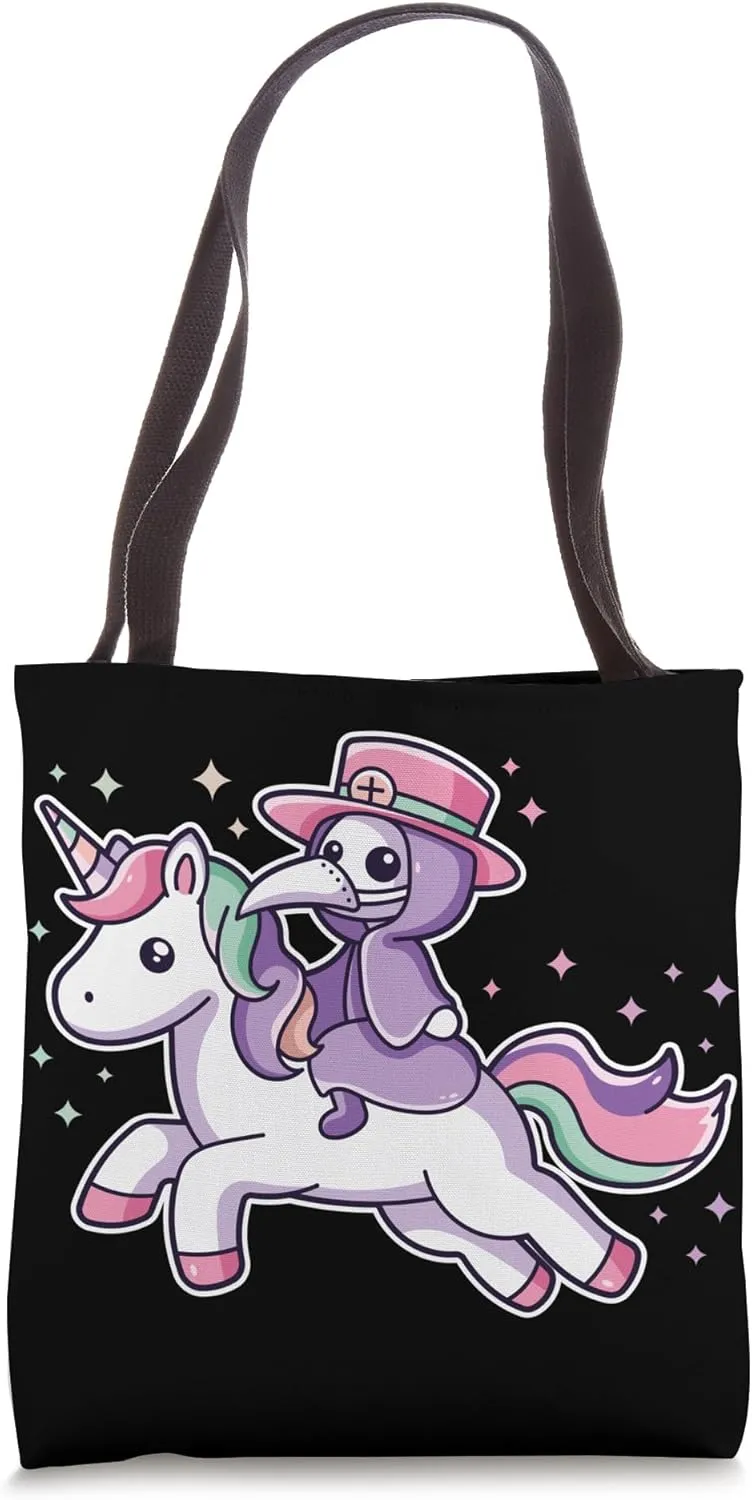 Cute Plague Doctor Riding Unicorn Goth Creepy Fantasy Lover Tote Bag