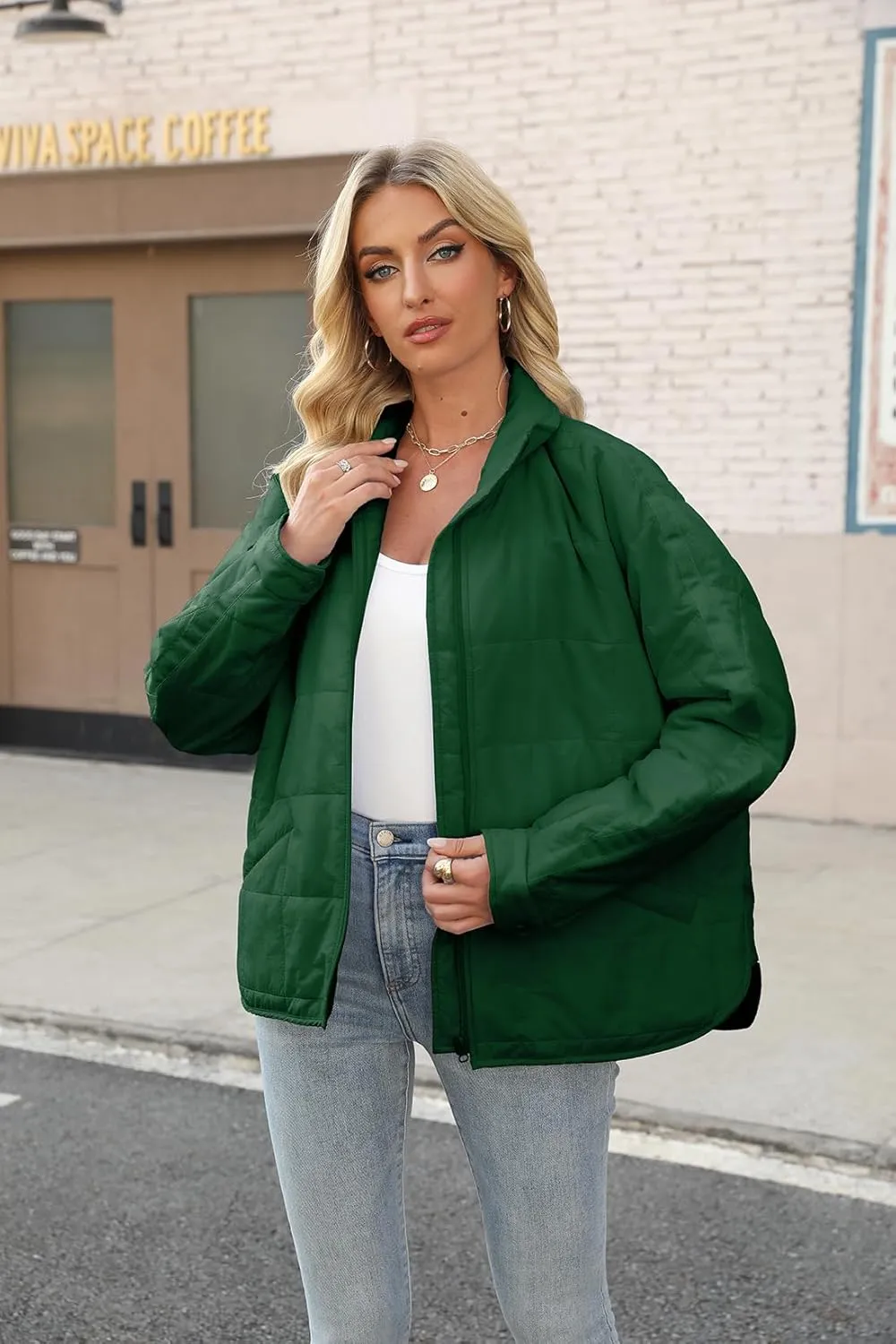 D-Sun Womens Quilted Jacket Lightweight Down Oversized Zipper Long Sleeve Puffer Jacket Winter Coat