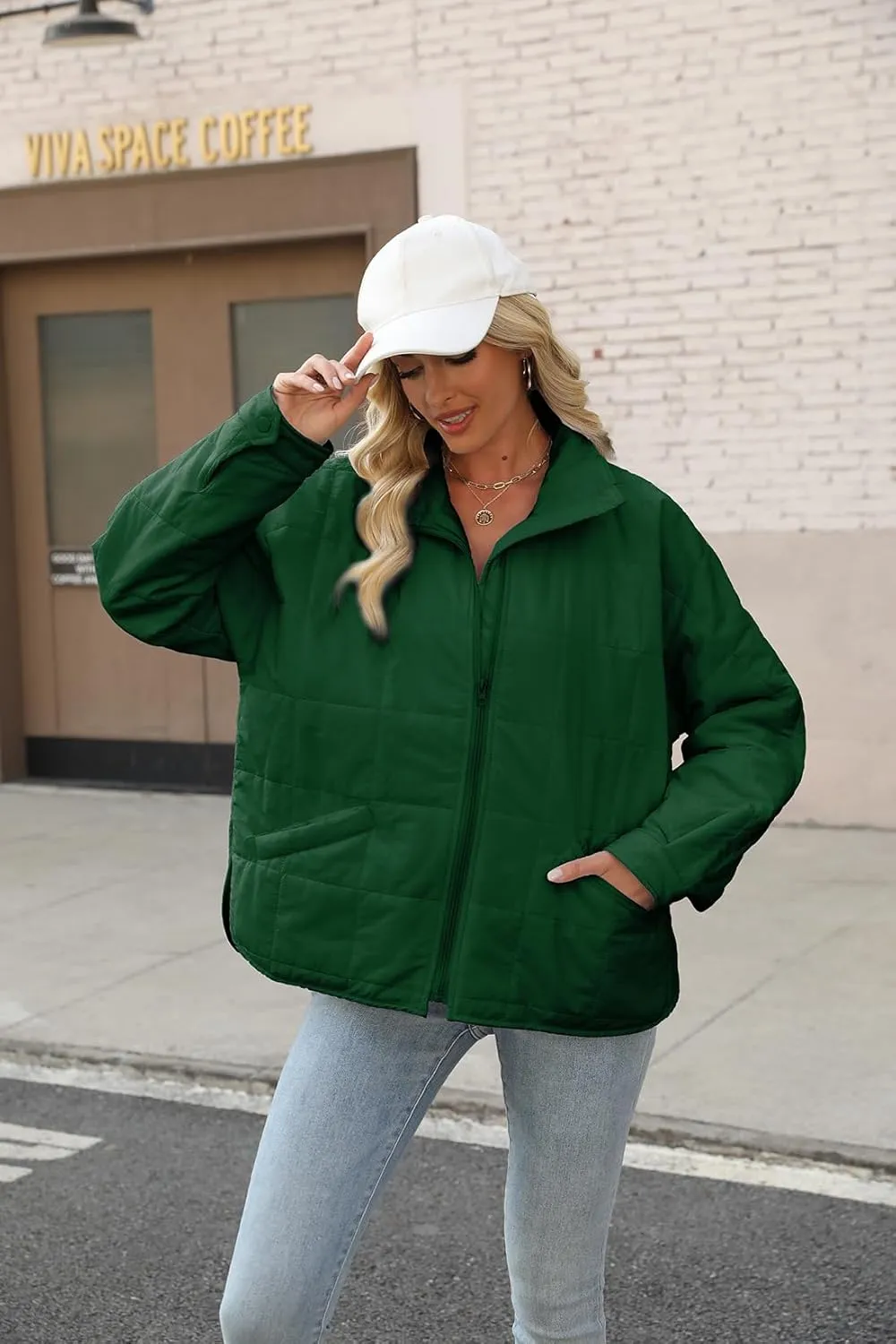 D-Sun Womens Quilted Jacket Lightweight Down Oversized Zipper Long Sleeve Puffer Jacket Winter Coat