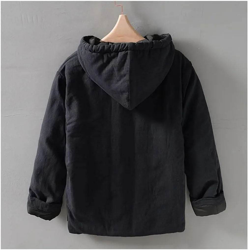 DBFBDTU Men Chinese Buckle Hooded Warm Cotton Padded Jacket Casual Loose Wadded Outwear Coat