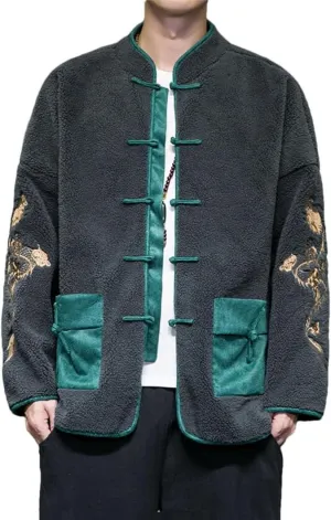 DBFBDTU Men Lamb Wool Cotton-Padded Jacket Men's Embroidery Warm Velour Coat Chinese Style Outerwear