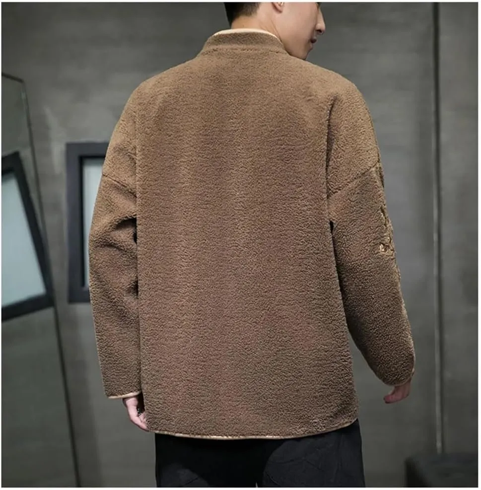 DBFBDTU Men Lamb Wool Cotton-Padded Jacket Men's Embroidery Warm Velour Coat Chinese Style Outerwear