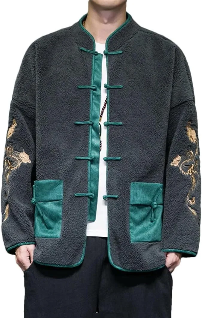 DBFBDTU Men Lamb Wool Cotton-Padded Jacket Men's Embroidery Warm Velour Coat Chinese Style Outerwear