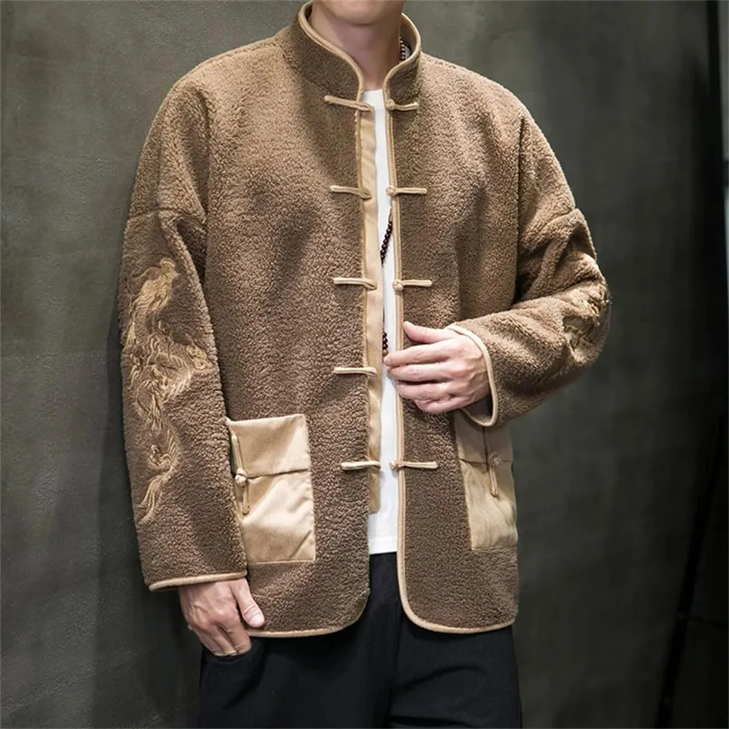 DBFBDTU Men Lamb Wool Cotton-Padded Jacket Men's Embroidery Warm Velour Coat Chinese Style Outerwear