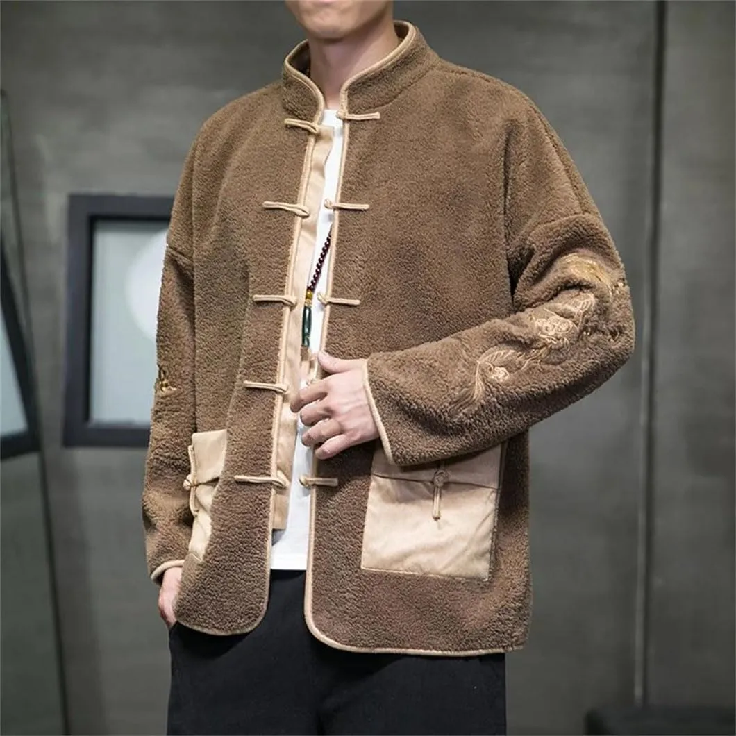 DBFBDTU Men Lamb Wool Cotton-Padded Jacket Men's Embroidery Warm Velour Coat Chinese Style Outerwear