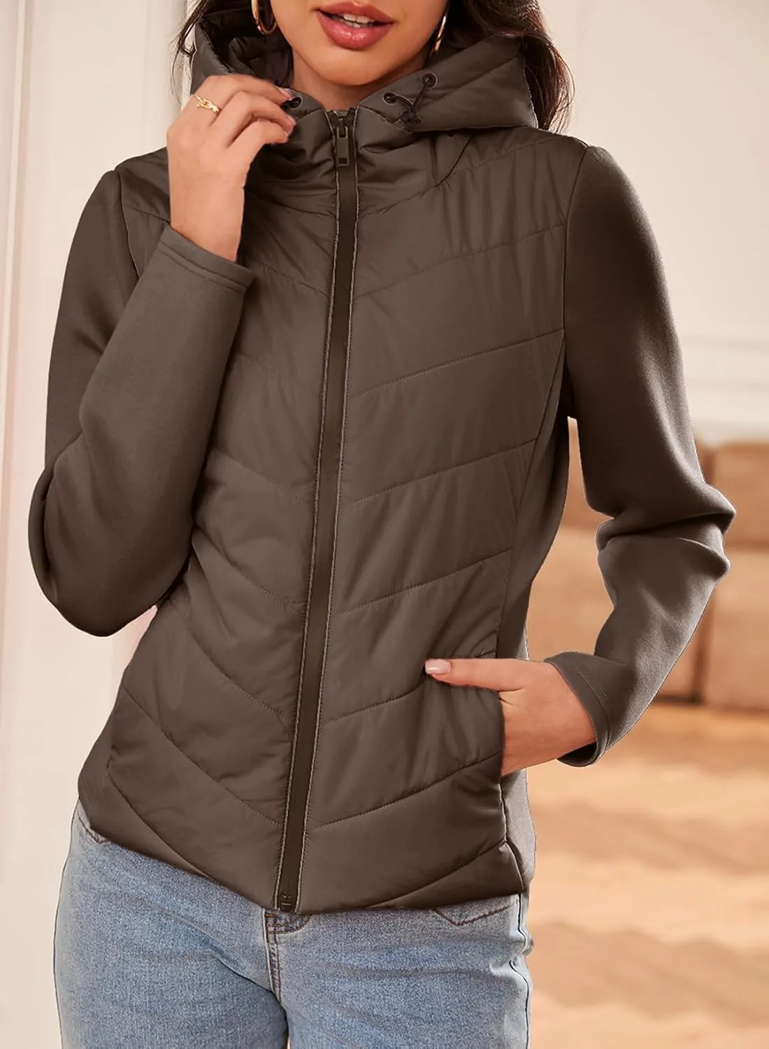 Dokotoo Women's Warm Quilted Lightweight Puffer Jacket Slim Fit Elasticity Patchwork Casual Hooded Puffer Coat