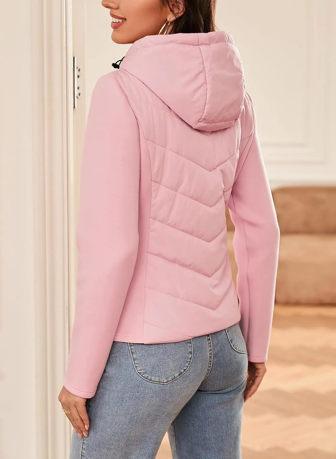 Dokotoo Women's Warm Quilted Lightweight Puffer Jacket Slim Fit Elasticity Patchwork Casual Hooded Puffer Coat