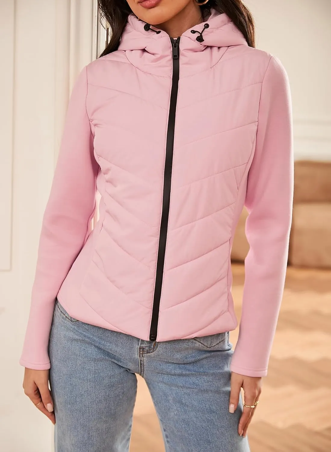 Dokotoo Women's Warm Quilted Lightweight Puffer Jacket Slim Fit Elasticity Patchwork Casual Hooded Puffer Coat