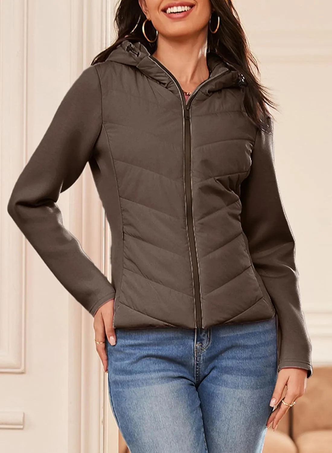 Dokotoo Women's Warm Quilted Lightweight Puffer Jacket Slim Fit Elasticity Patchwork Casual Hooded Puffer Coat