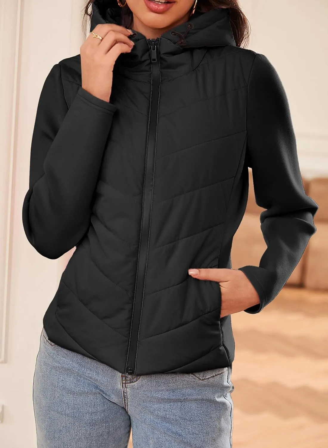 Dokotoo Women's Warm Quilted Lightweight Puffer Jacket Slim Fit Elasticity Patchwork Casual Hooded Puffer Coat