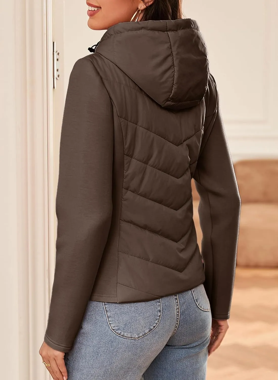 Dokotoo Women's Warm Quilted Lightweight Puffer Jacket Slim Fit Elasticity Patchwork Casual Hooded Puffer Coat