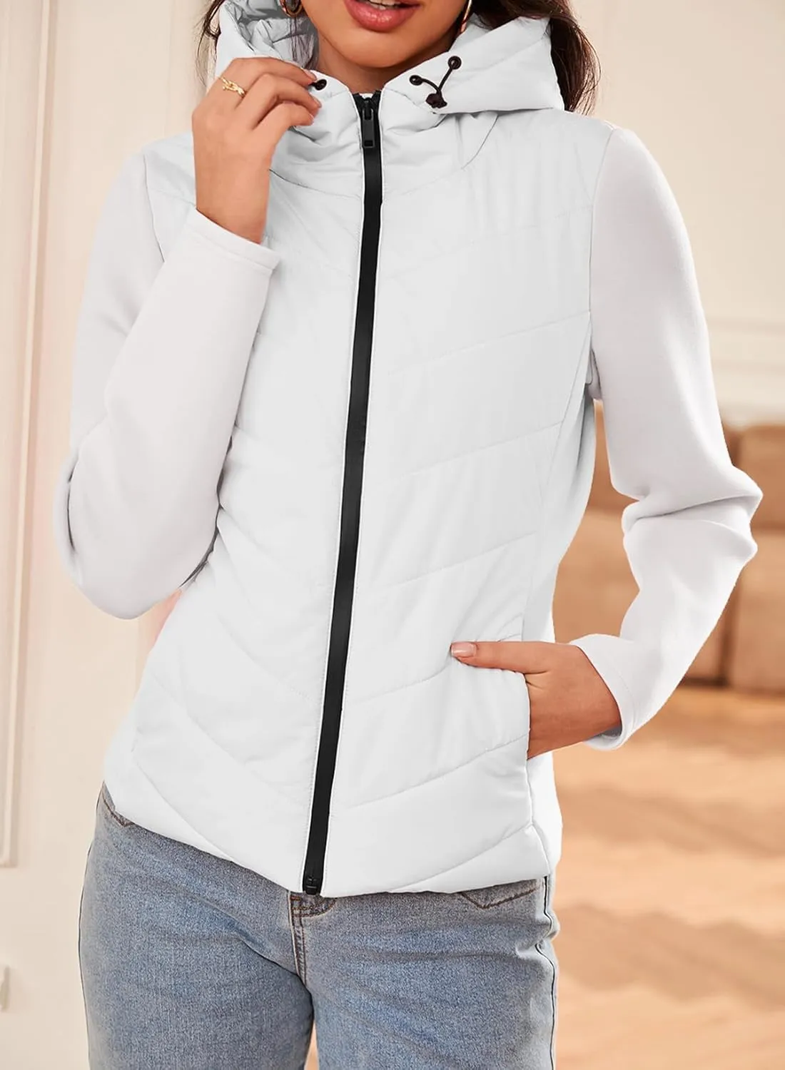 Dokotoo Women's Warm Quilted Lightweight Puffer Jacket Slim Fit Elasticity Patchwork Casual Hooded Puffer Coat