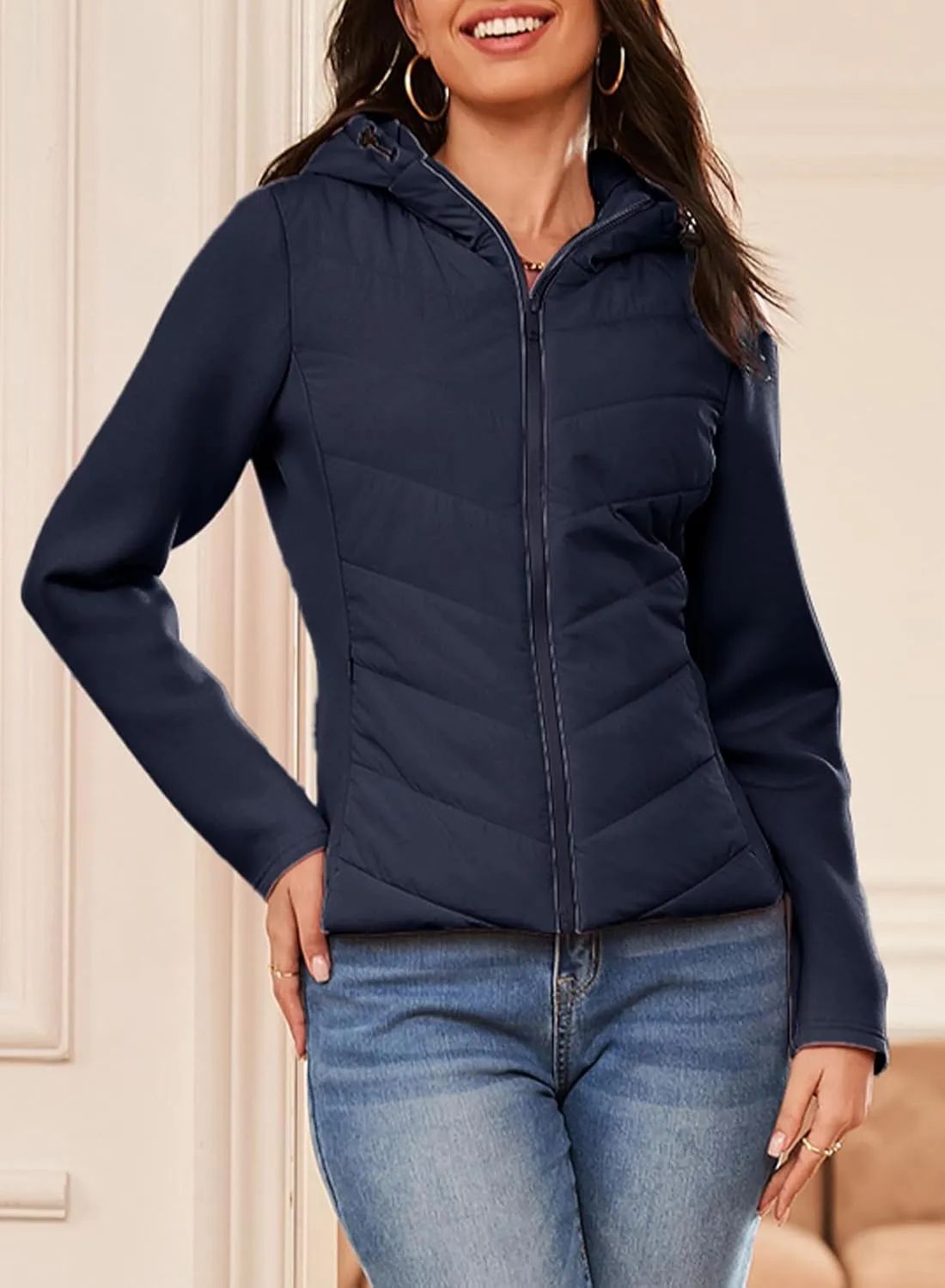 Dokotoo Women's Warm Quilted Lightweight Puffer Jacket Slim Fit Elasticity Patchwork Casual Hooded Puffer Coat
