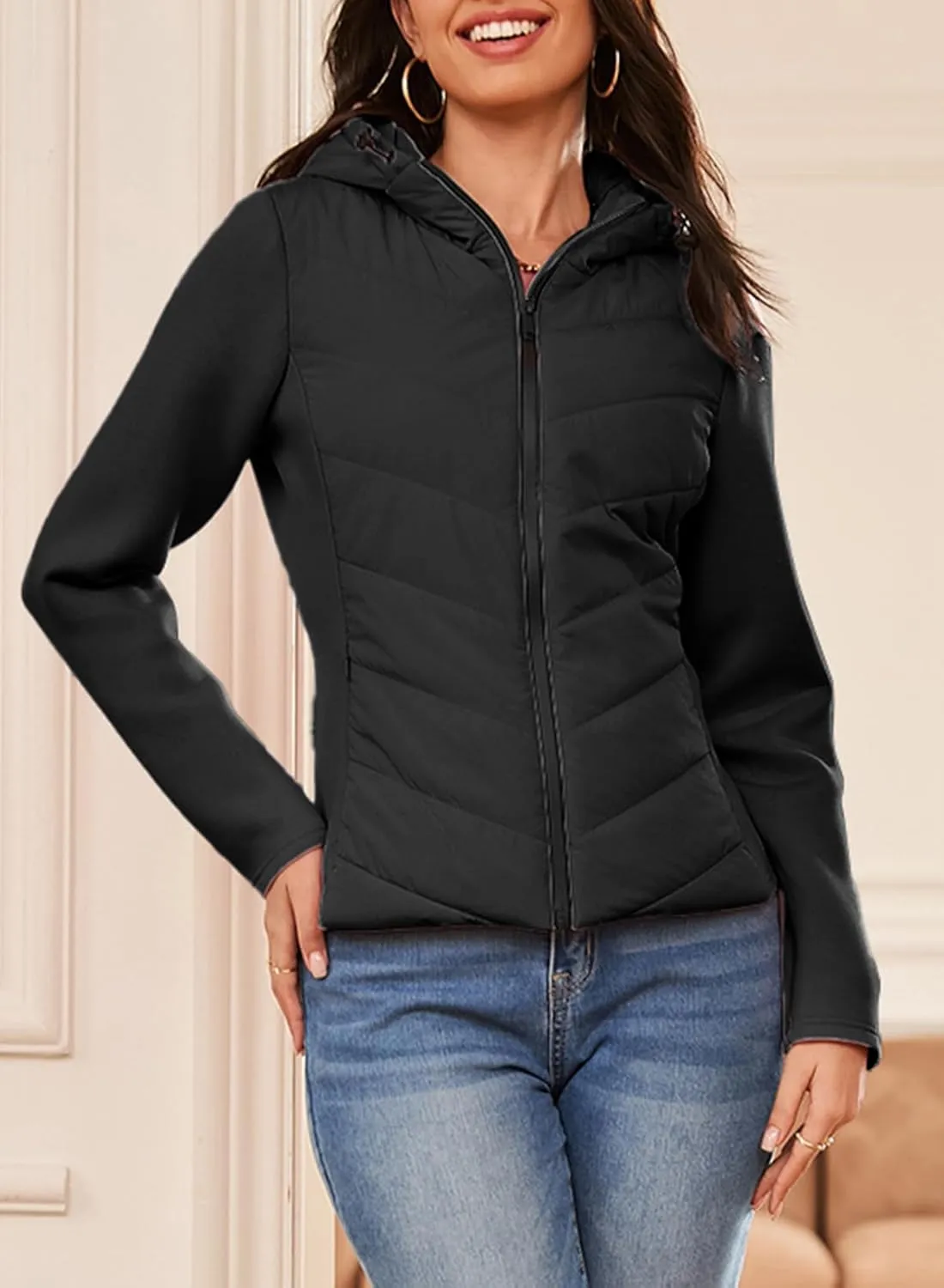 Dokotoo Women's Warm Quilted Lightweight Puffer Jacket Slim Fit Elasticity Patchwork Casual Hooded Puffer Coat