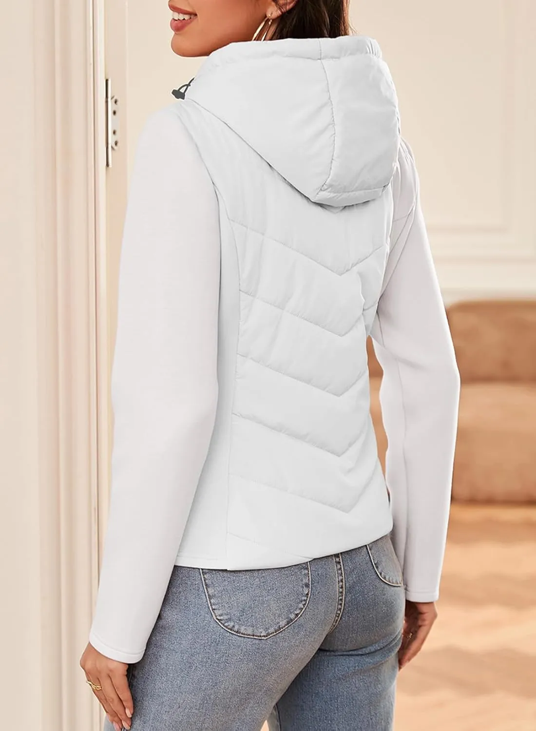 Dokotoo Women's Warm Quilted Lightweight Puffer Jacket Slim Fit Elasticity Patchwork Casual Hooded Puffer Coat