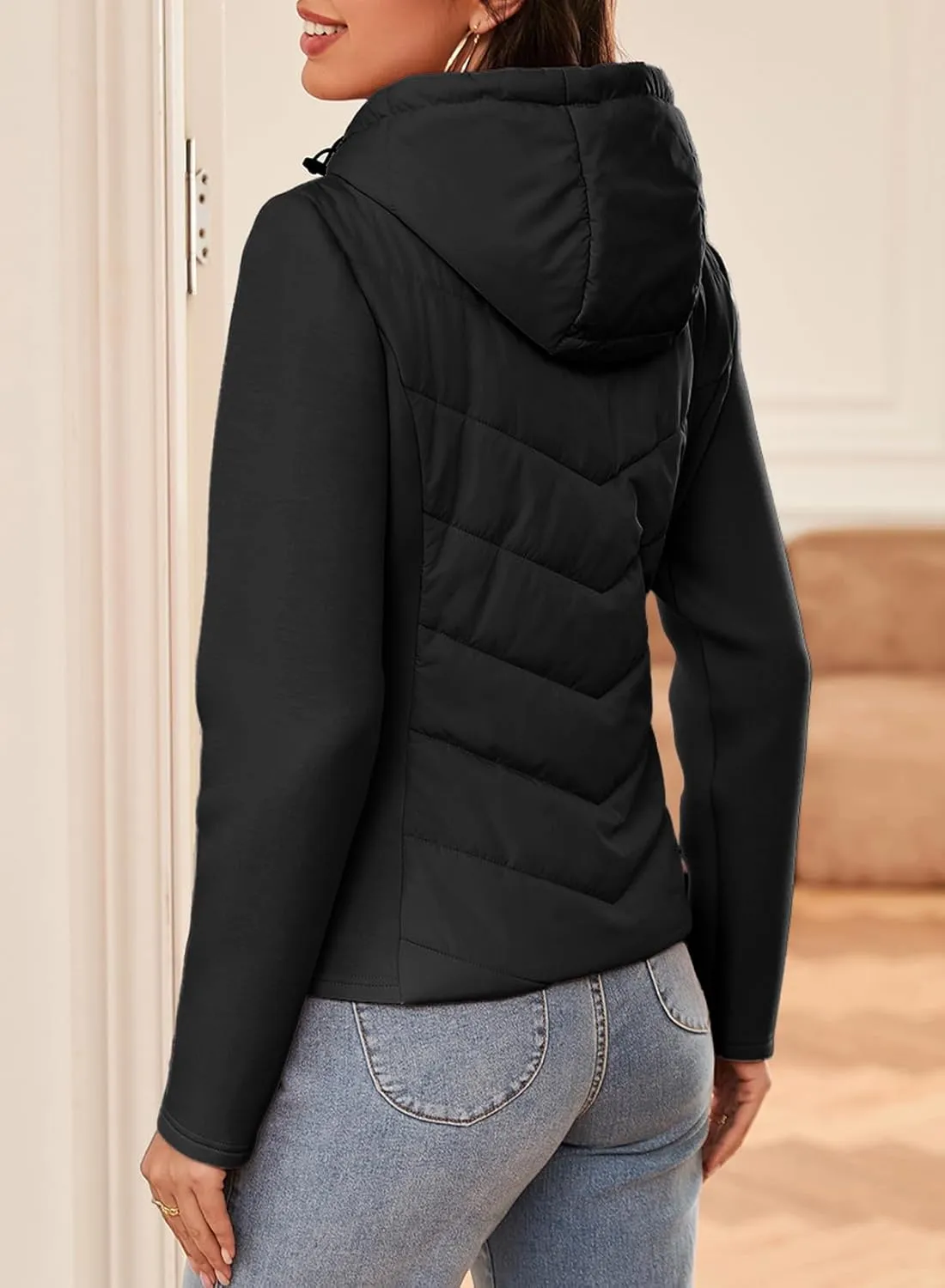 Dokotoo Women's Warm Quilted Lightweight Puffer Jacket Slim Fit Elasticity Patchwork Casual Hooded Puffer Coat