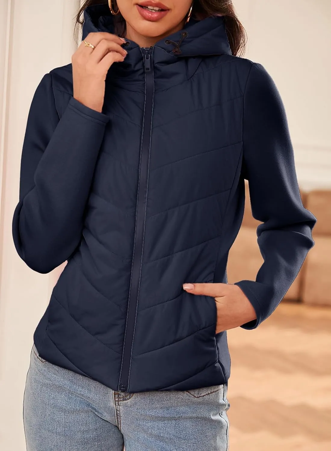 Dokotoo Women's Warm Quilted Lightweight Puffer Jacket Slim Fit Elasticity Patchwork Casual Hooded Puffer Coat