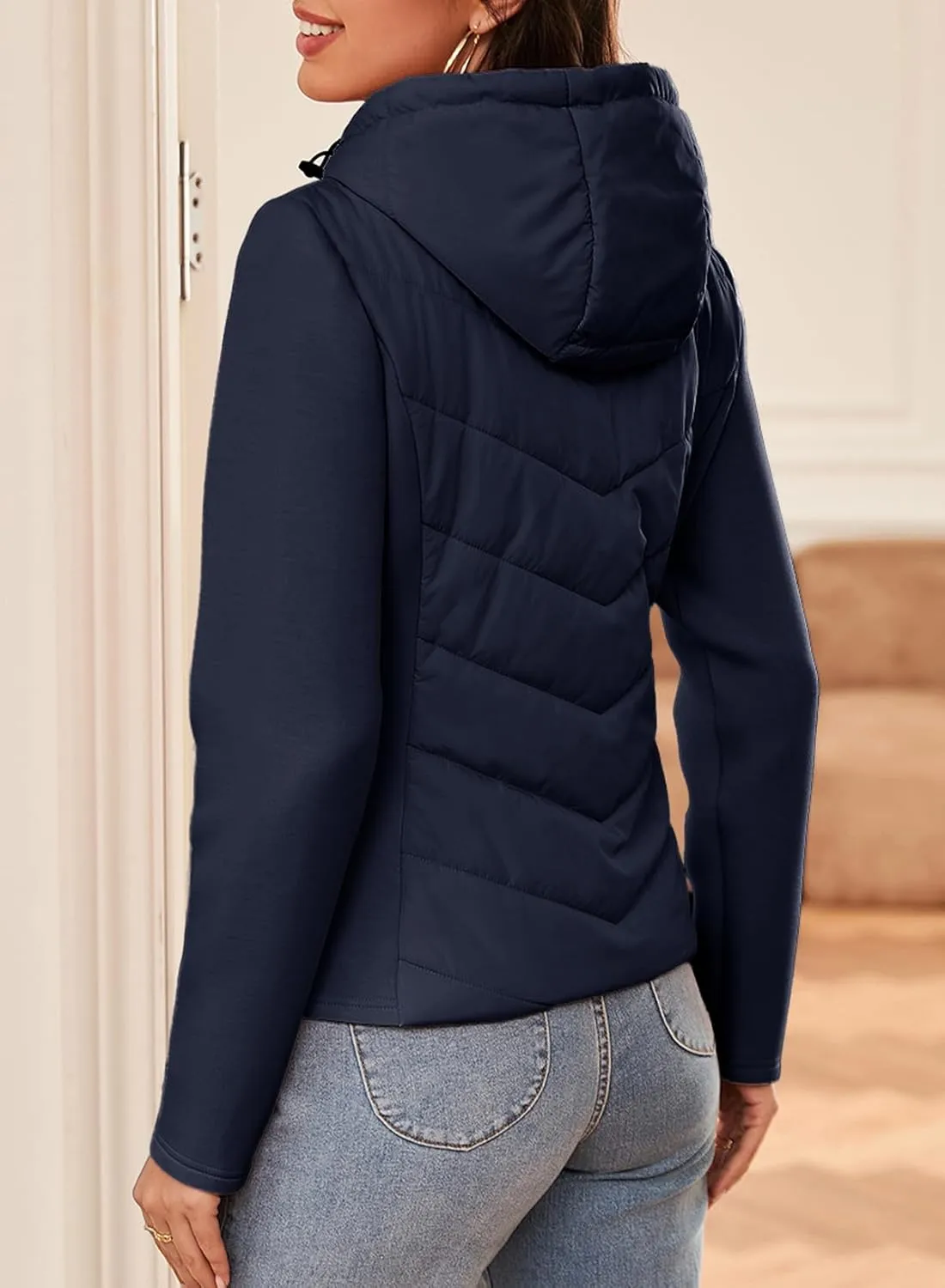 Dokotoo Women's Warm Quilted Lightweight Puffer Jacket Slim Fit Elasticity Patchwork Casual Hooded Puffer Coat