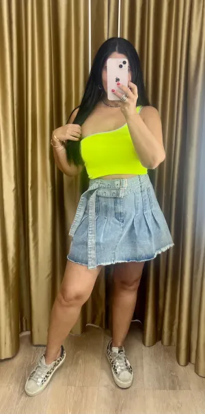 Double Belted Mini Jean Skirt