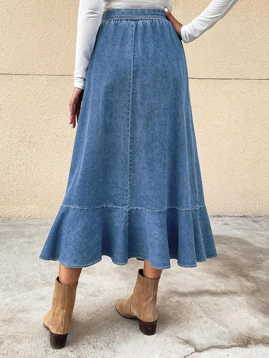ebossy Womens Elegant Tie Waist Denim Maxi Skirt Stretch High Waisted Ruffle Flowy Swing Cotton Jean Skirt