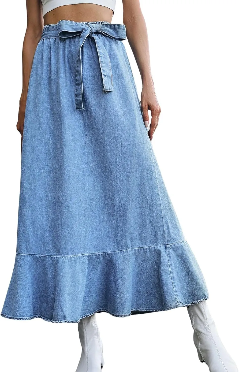ebossy Womens Elegant Tie Waist Denim Maxi Skirt Stretch High Waisted Ruffle Flowy Swing Cotton Jean Skirt