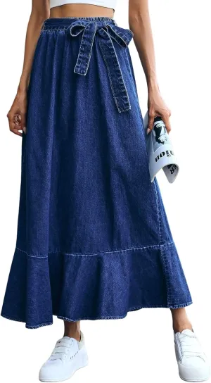 ebossy Womens Elegant Tie Waist Denim Maxi Skirt Stretch High Waisted Ruffle Flowy Swing Cotton Jean Skirt