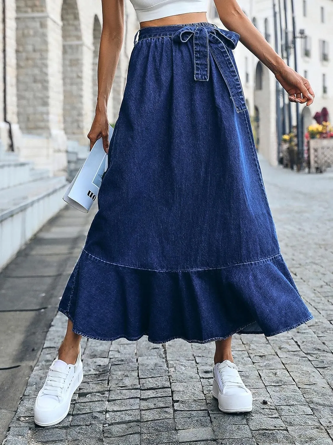 ebossy Womens Elegant Tie Waist Denim Maxi Skirt Stretch High Waisted Ruffle Flowy Swing Cotton Jean Skirt