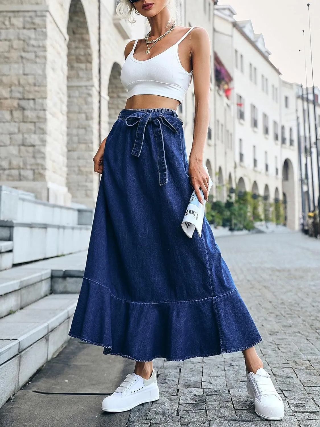 ebossy Womens Elegant Tie Waist Denim Maxi Skirt Stretch High Waisted Ruffle Flowy Swing Cotton Jean Skirt