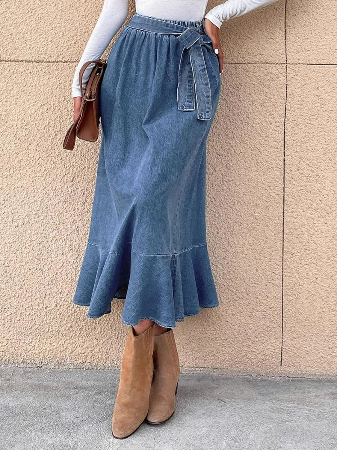 ebossy Womens Elegant Tie Waist Denim Maxi Skirt Stretch High Waisted Ruffle Flowy Swing Cotton Jean Skirt