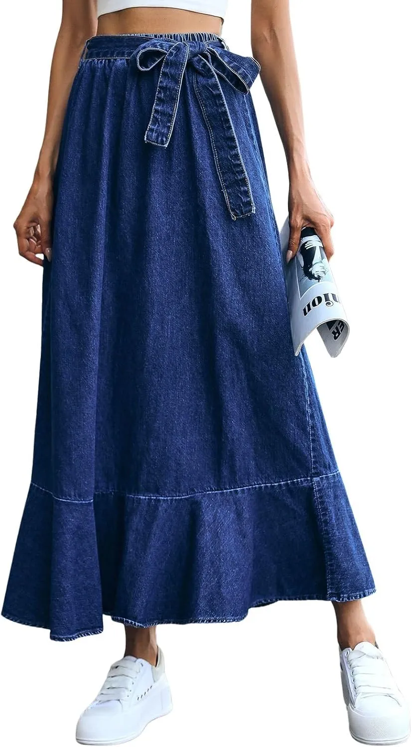ebossy Womens Elegant Tie Waist Denim Maxi Skirt Stretch High Waisted Ruffle Flowy Swing Cotton Jean Skirt