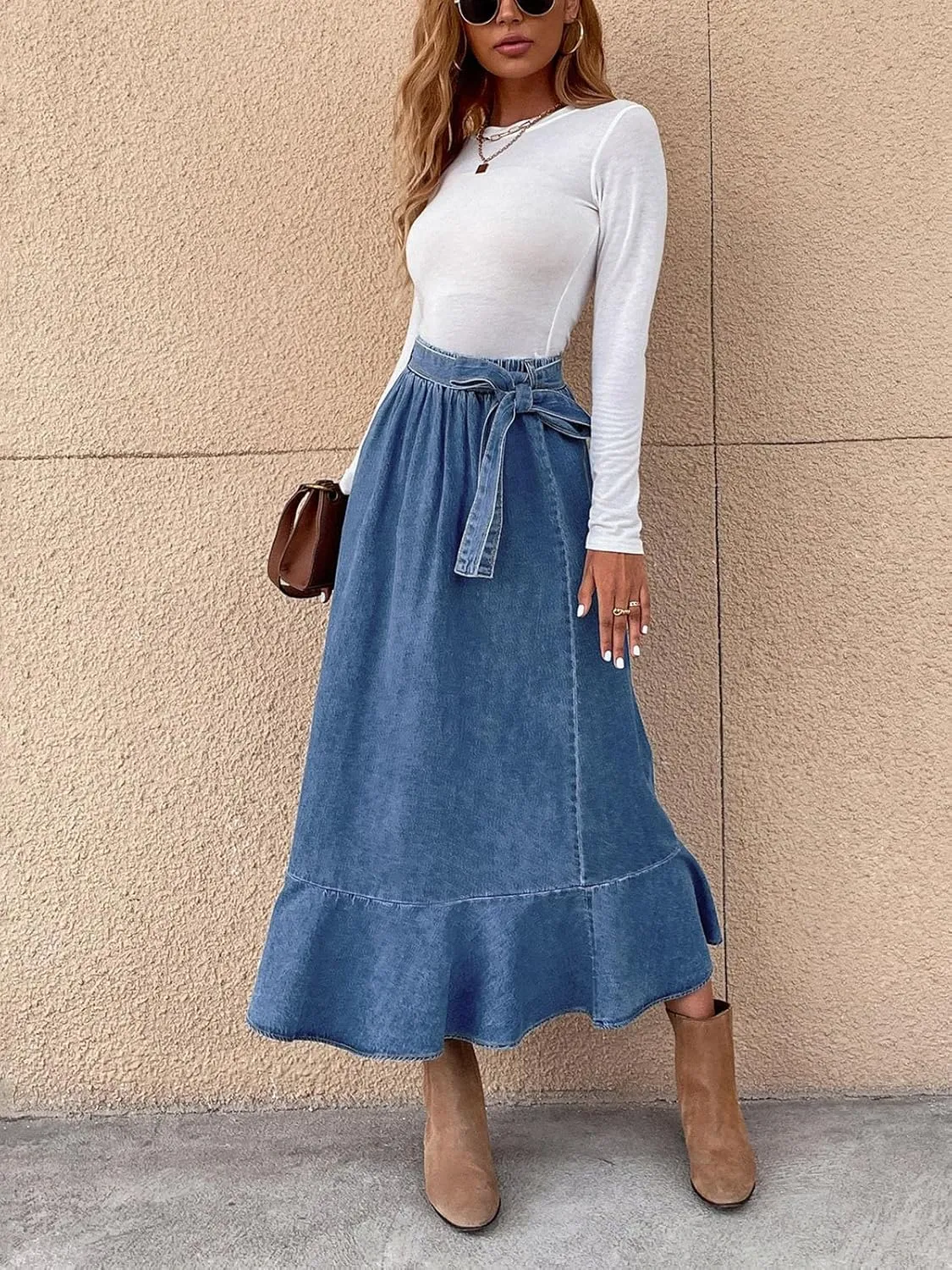 ebossy Womens Elegant Tie Waist Denim Maxi Skirt Stretch High Waisted Ruffle Flowy Swing Cotton Jean Skirt