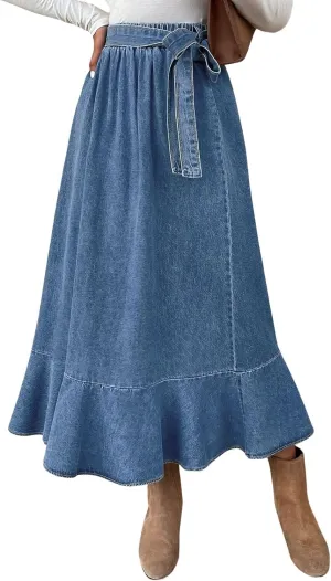 ebossy Womens Elegant Tie Waist Denim Maxi Skirt Stretch High Waisted Ruffle Flowy Swing Cotton Jean Skirt