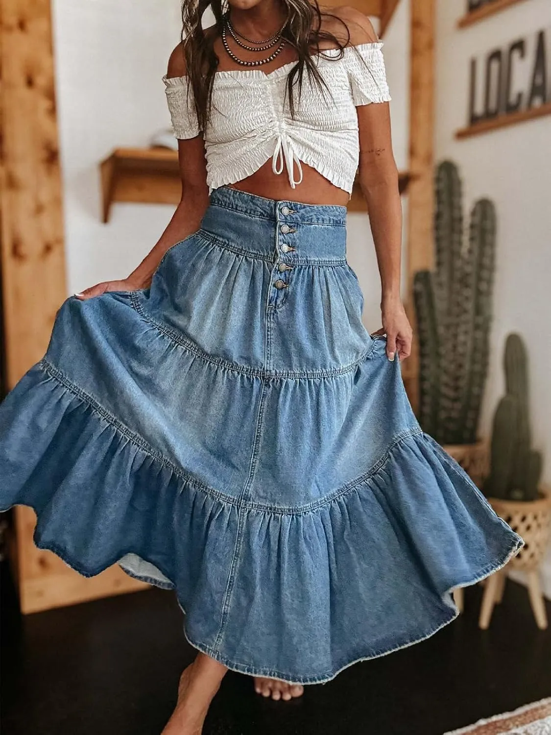 ebossy Womens Vintage Long Jean Skirt Button Fly High Waisted Flared A-Line Tiered Maxi Denim Skirt with Pockets