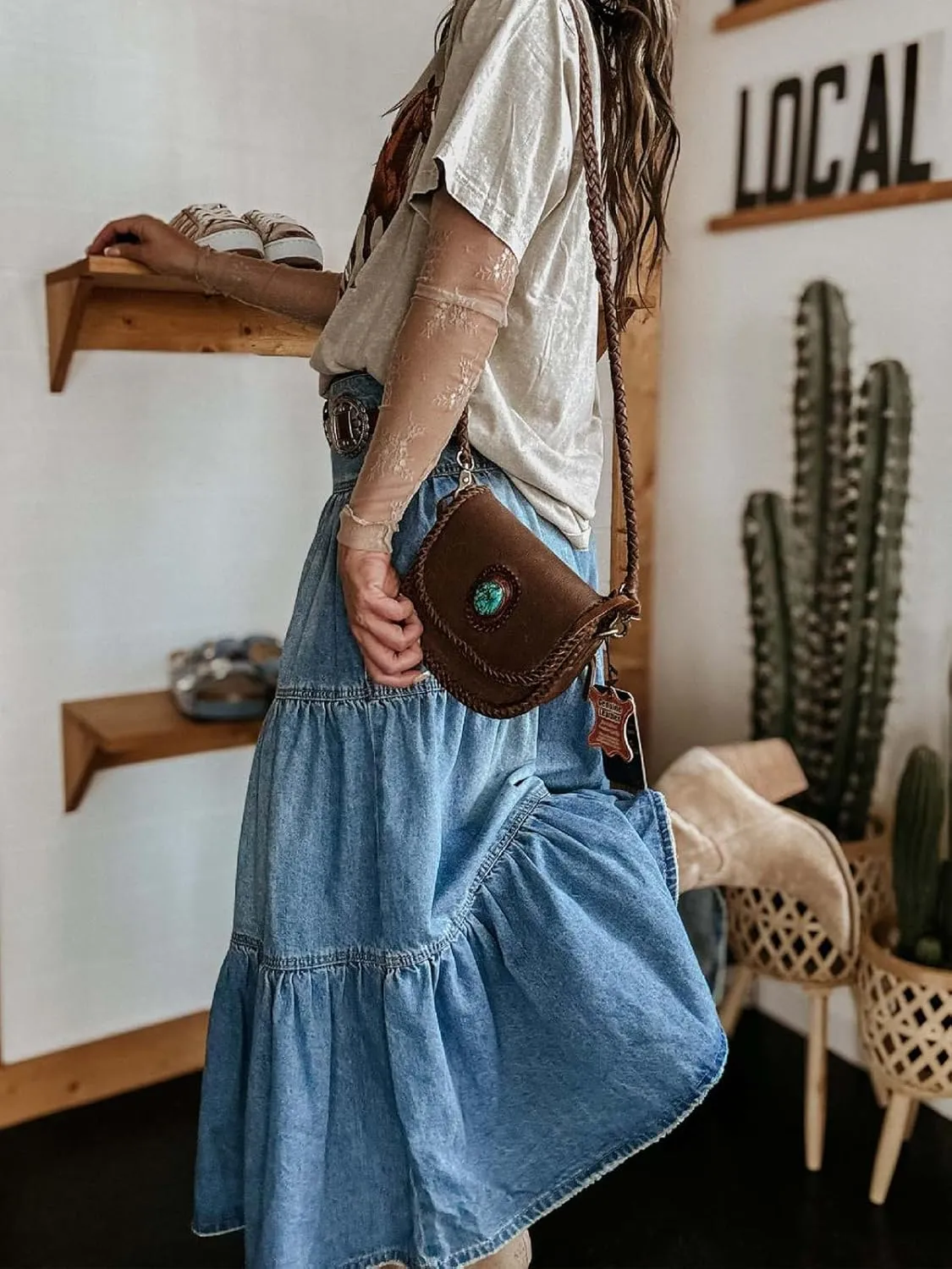 ebossy Womens Vintage Long Jean Skirt Button Fly High Waisted Flared A-Line Tiered Maxi Denim Skirt with Pockets