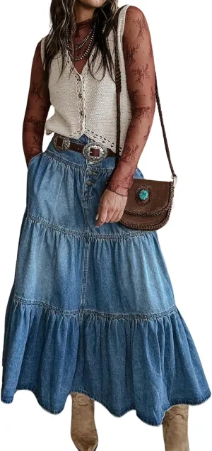 ebossy Womens Vintage Long Jean Skirt Button Fly High Waisted Flared A-Line Tiered Maxi Denim Skirt with Pockets