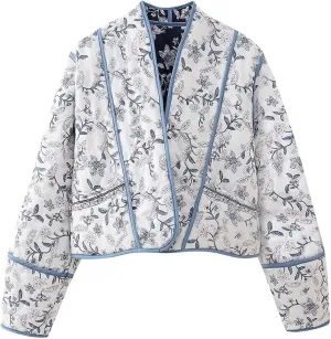Eisctnd Women's Cropped Puffer Quilted Jacket Cardigan Floral Printed Lightweight Long Sleeve Short Padded Coats