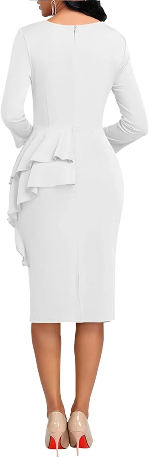 Elegant Church Dress for Women Casual Lapel Ruffle Pencil Classy Knee Length Dinner Party Midi Teens Dress