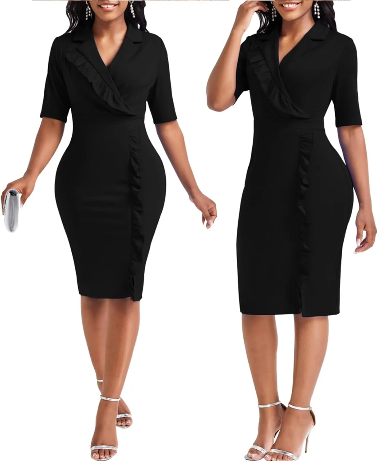 Elegant Church Dress for Women Casual Lapel Ruffle Pencil Classy Knee Length Dinner Party Midi Teens Dress