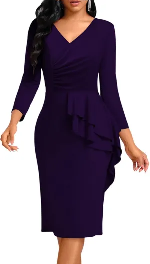 Elegant Church Dress for Women Casual Lapel Ruffle Pencil Classy Knee Length Dinner Party Midi Teens Dress
