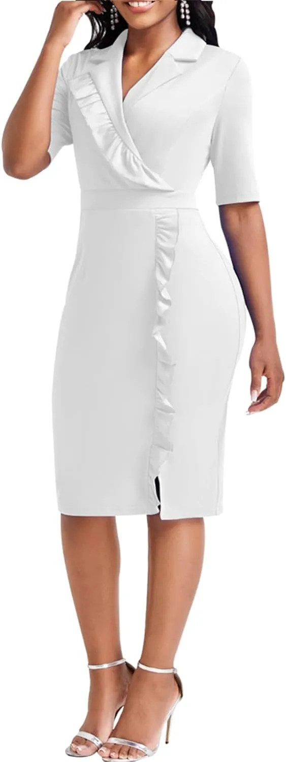 Elegant Church Dress for Women Casual Lapel Ruffle Pencil Classy Knee Length Dinner Party Midi Teens Dress