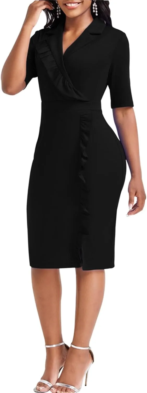 Elegant Church Dress for Women Casual Lapel Ruffle Pencil Classy Knee Length Dinner Party Midi Teens Dress