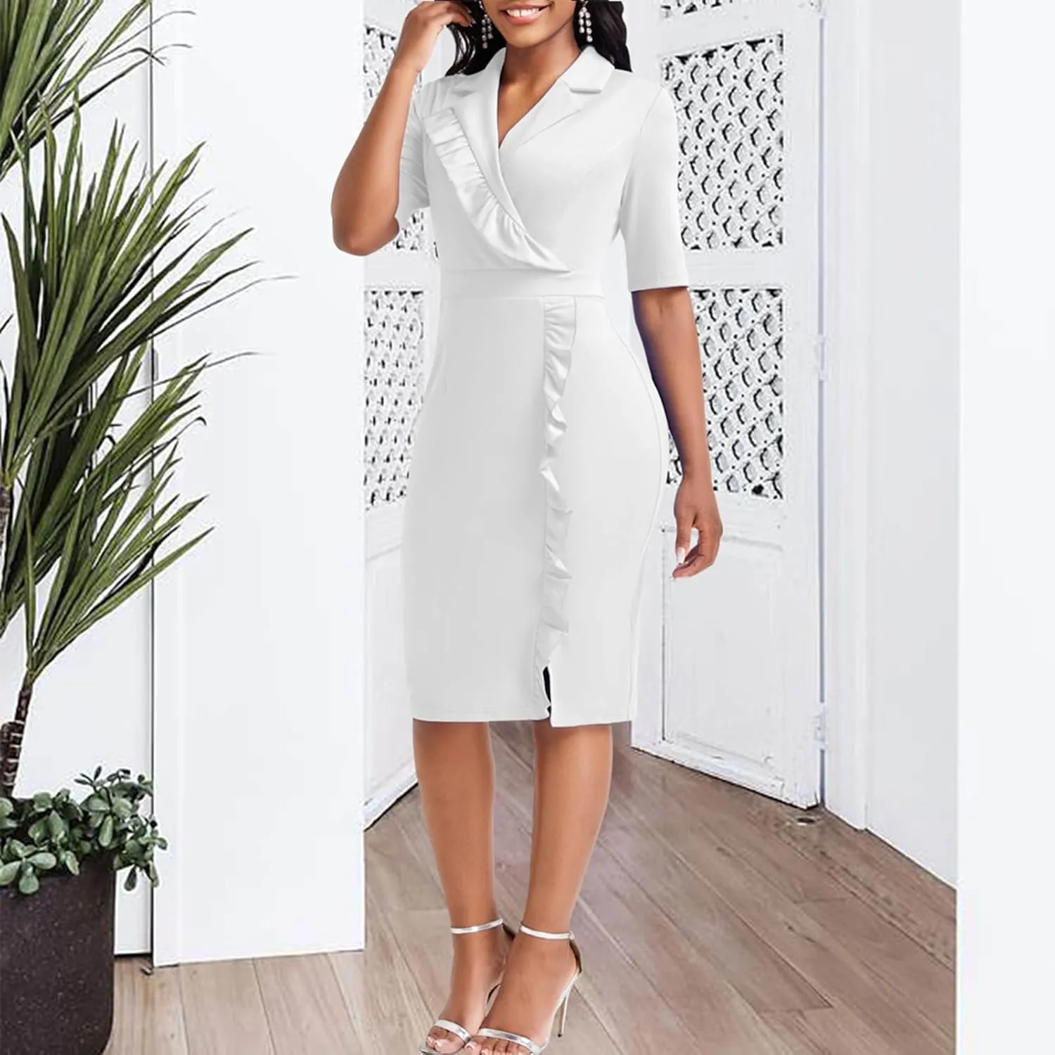 Elegant Church Dress for Women Casual Lapel Ruffle Pencil Classy Knee Length Dinner Party Midi Teens Dress