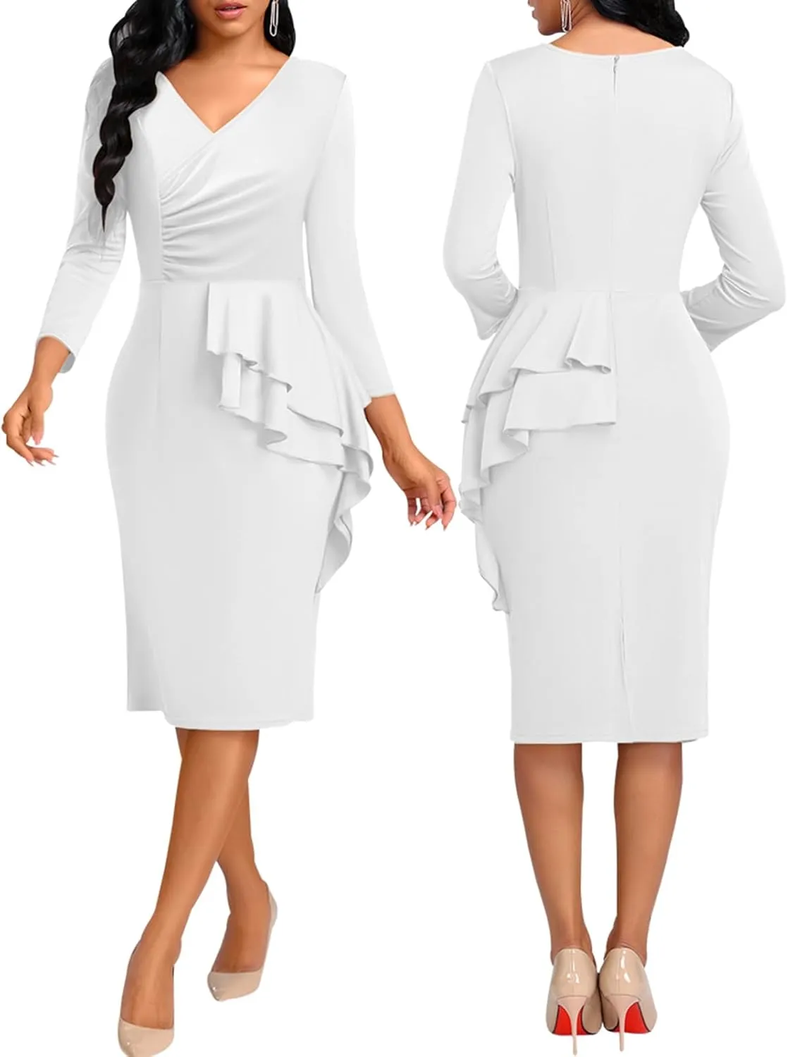 Elegant Church Dress for Women Casual Lapel Ruffle Pencil Classy Knee Length Dinner Party Midi Teens Dress