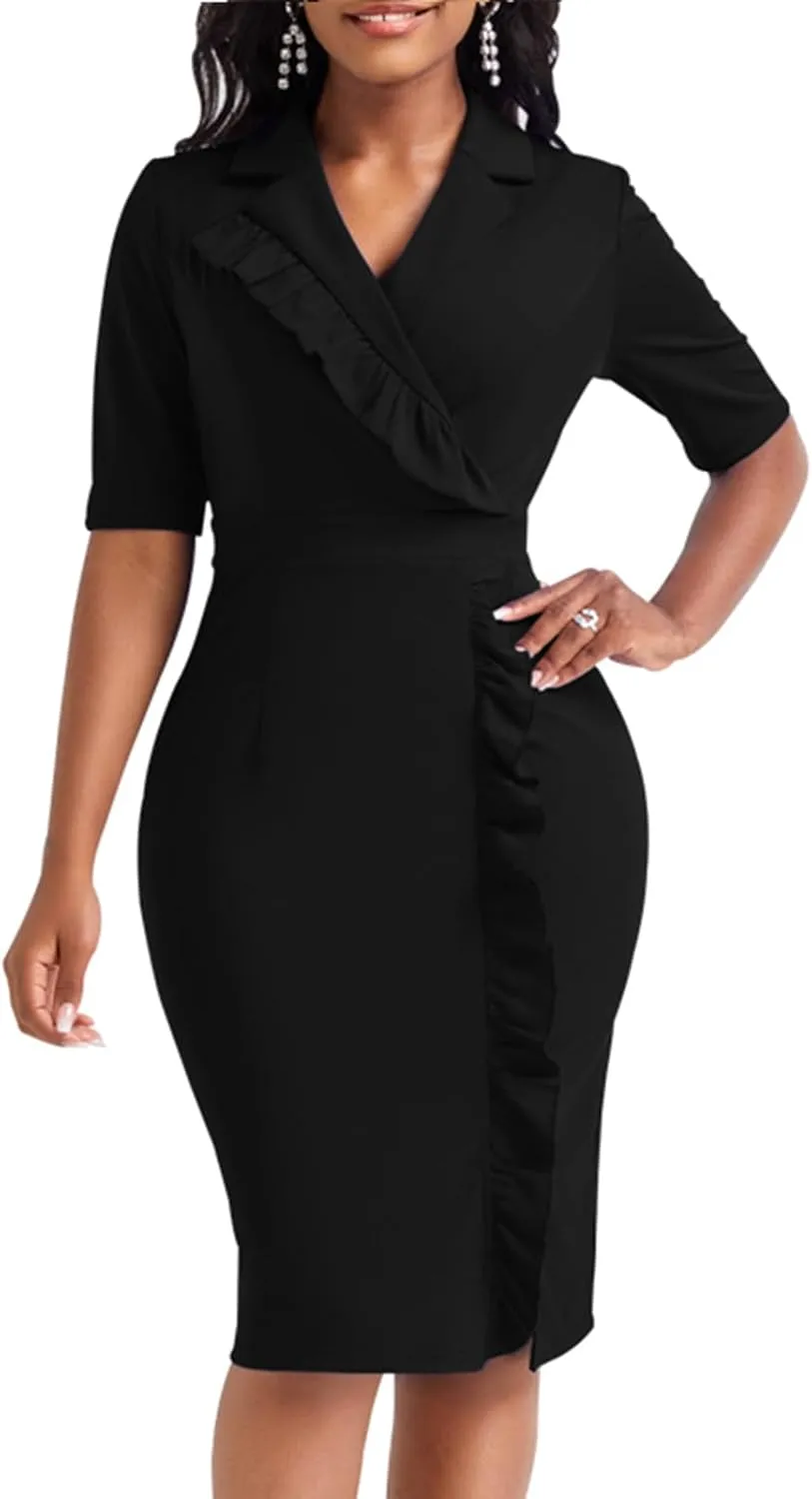 Elegant Church Dress for Women Casual Lapel Ruffle Pencil Classy Knee Length Dinner Party Midi Teens Dress