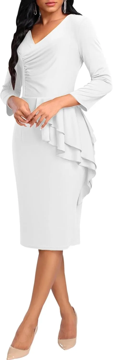 Elegant Church Dress for Women Casual Lapel Ruffle Pencil Classy Knee Length Dinner Party Midi Teens Dress